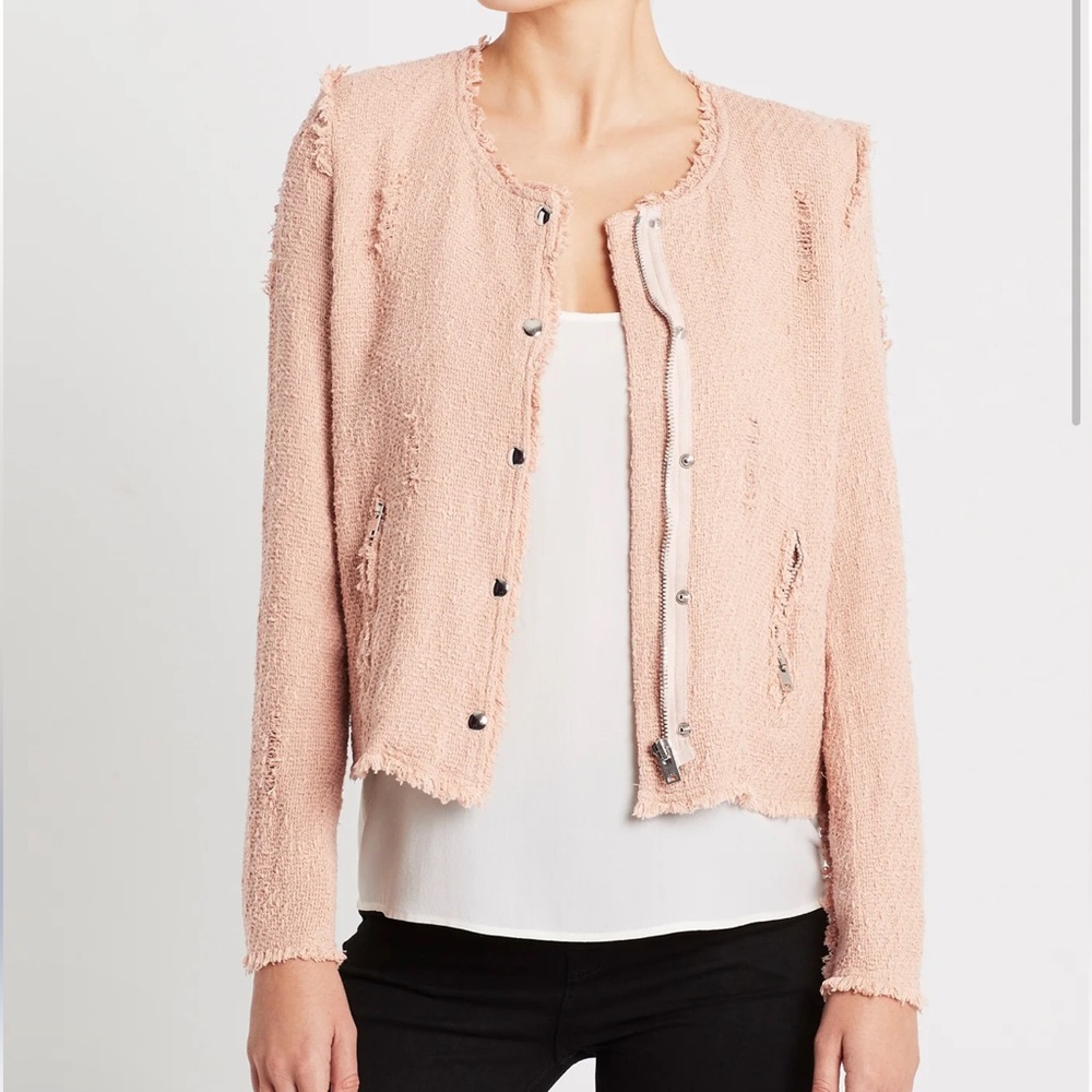 IRO Agnette Tweed Jacket Pink Sand Size 34 XS Collarless Zip Blazer